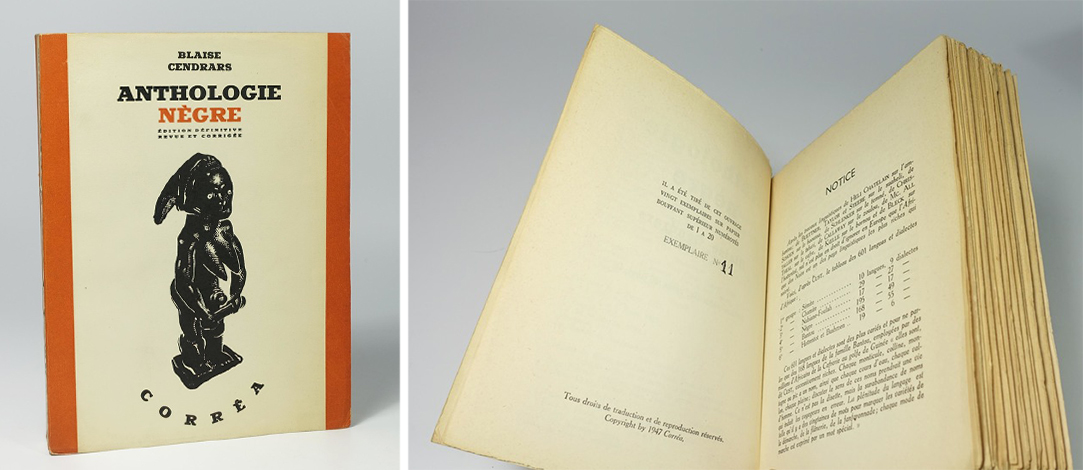 Blaise Cendrars, "Anthologie nègre. Edition définitive revue et corrigée" Corrêa, 1947.1/20 ex. de tête num. sur papier bouffant supérieur.