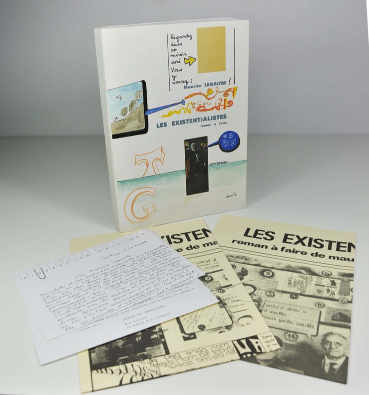 Maurice Lemaître, "Les existentialistes, roman à faire‎", Centre de créativité, éditions lettristes, 1992. Un volume dos carré collé, 210 X 300 mm, couverture à rabats illustrée, pagination absente. Edition augmentée et définitive, sur papier courant. Bien complet des 2 affiches et des 2 lettres jointes à part en facsimilé.