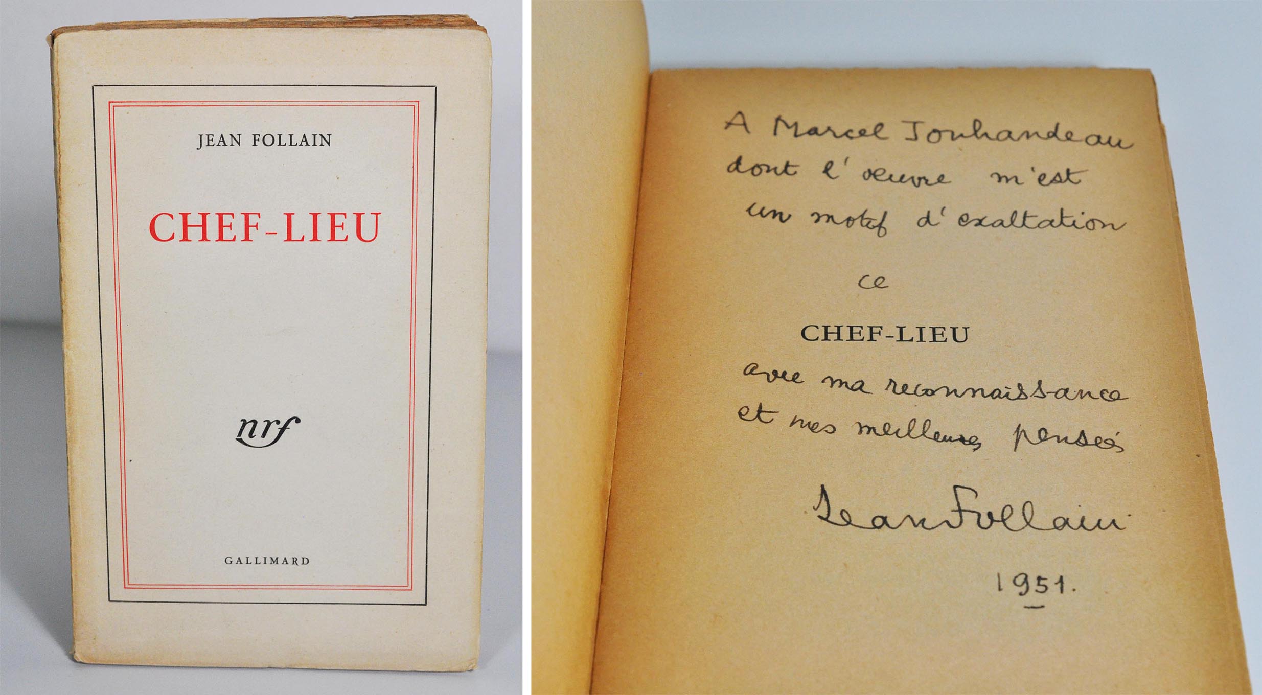 FOLLAIN Jean Chef-lieu Gallimard, Nrf, 1950. In-12 broché, 176 p. Première édition sur papier courant, enrichie d
