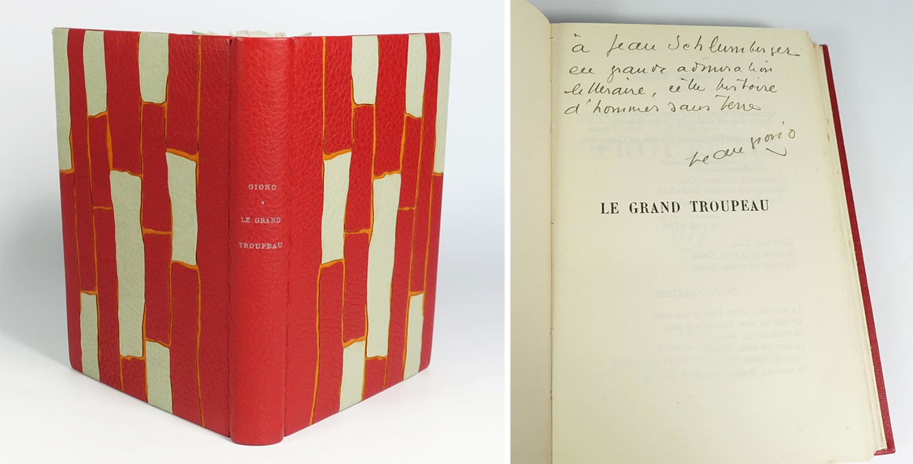 Jean Giono, "Le grand troupeau", Gallimard, Nrf, 1931. Pleine reliure mosaïquée. EO. 1/17 ex. h-c. sur vélin pur fil. Envoi  à Jean Schlumberger