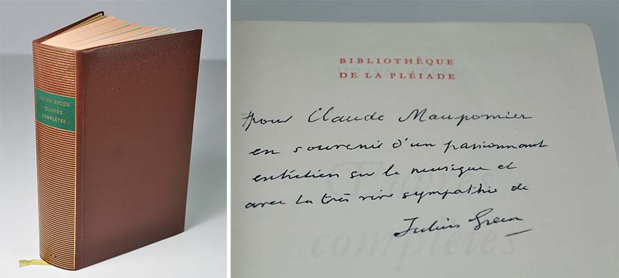 Julien Green, "Oeuvres complètes, tome V", NRF, coll. "Bibliothèque de la Pléiade", 1977. Bel envoi de l