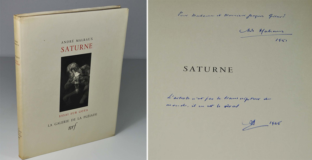 MALRAUX André Saturne - essai sur Goya NRF, La Galerie de la pléiade, 1950. In-4 broché, couverture à rabats illustrée, 177 p. Envoi signé de Malraux. Edition originale. Premier volume de La Galerie de la pléiade. Riche iconographie en noir & couleurs.