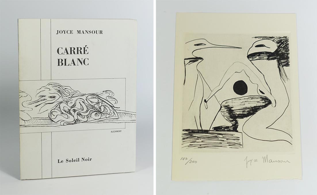 Joyce Mansour, "Le carré blanc", Le soleil noir, 1965. EO. 1/250 ex. de la série "Club" sur vélin édita Prioux avec 1 eau-forte de Joyce Mansour num. et signée.
