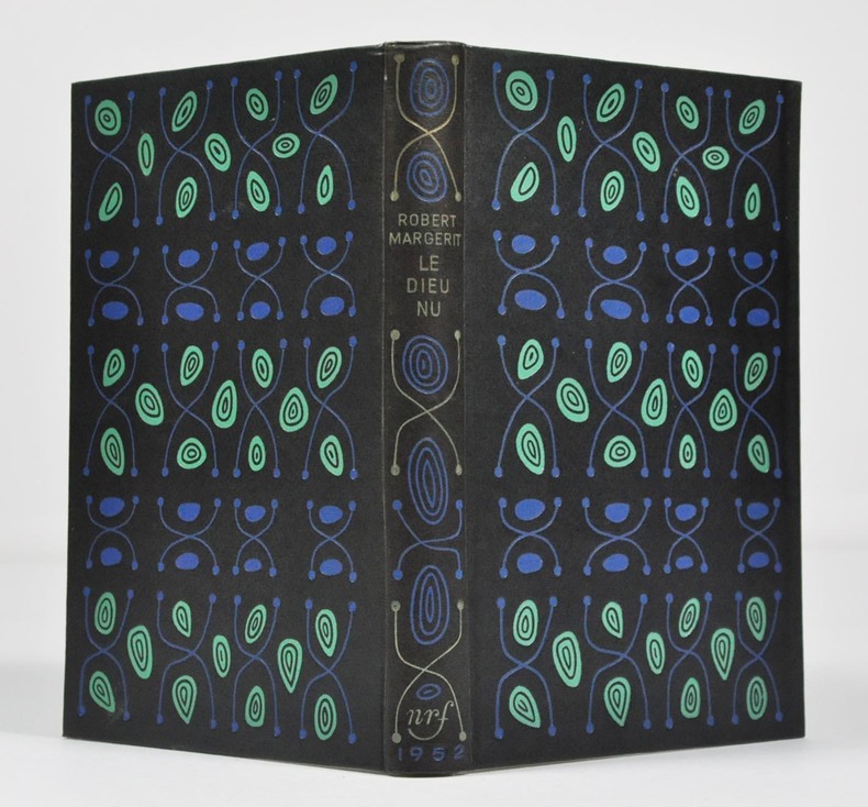 Beau cartonnage réalisé par Mario Prassinos, pour le dieu nu, de Robert Margerit, publié en 1952 par Gallimard