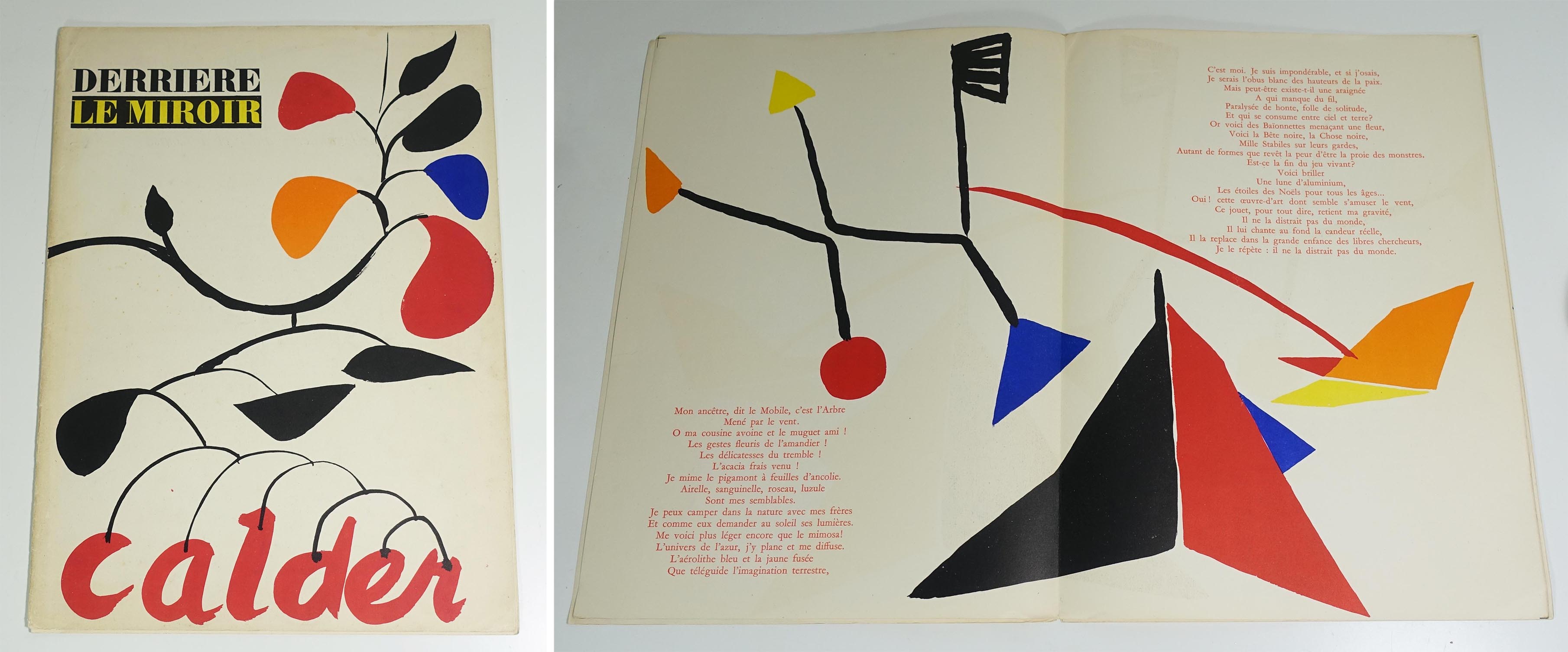 CALDER Alexandre - PICHETTE Henri - ELGAR Frank DERRIERE LE MIROIR n°69-70 : Calder Maeght éditeur, Editions Pierre à feu, 1954. Un volume en feuilles, 380 X 280 mm, 12 pages. Tirage original. 3 lithographies originales en couleurs et en double page. Poème de Henri Pichette, texte de Frank Elgar.