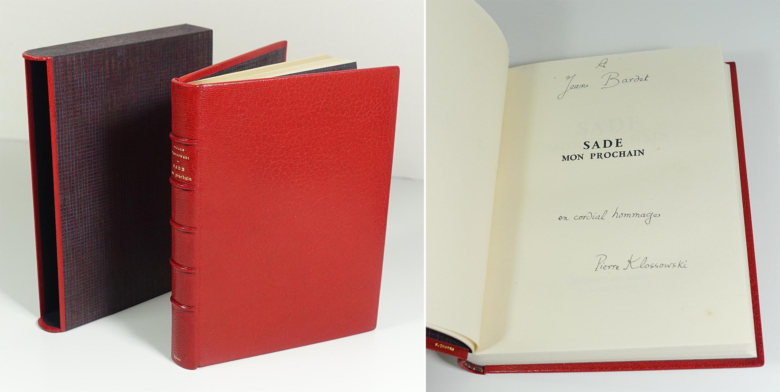 KLOSSOWSKI Pierre Sade mon prochain Editions du Seuil, coll. "Pierres vives", 1947. In-8 reliure plein maroquin janséniste, dos à cinq nerfs, nom, titre et date dorés, tranche de tête dorée, couverture et dos conservés, étui bordé (S. Thomas), 203 p. Edition originale. L