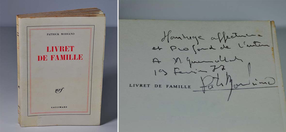 MODIANO Patrick Livret de famille Gallimard, 1977. In-8 broché, 178 p. Edition originale sur papier courant. Envoi signé de Patrick Modiano sur la page de faux-titre.