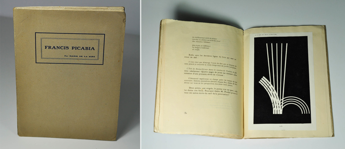 De La HIRE Marie Francis Picabia Galerie La Cible, 1920. In-8 broché, 42 p. Edition originale. Exemplaire sur vergé teinté. Autoportrait en frontispice. 10 planches en noir et couleurs contrecollées.