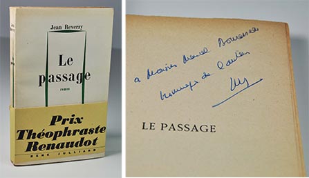 Jean Reverzy, "Le passage" Julliard, 1954. In-12 broché, 236 p. Rare envoi de l
