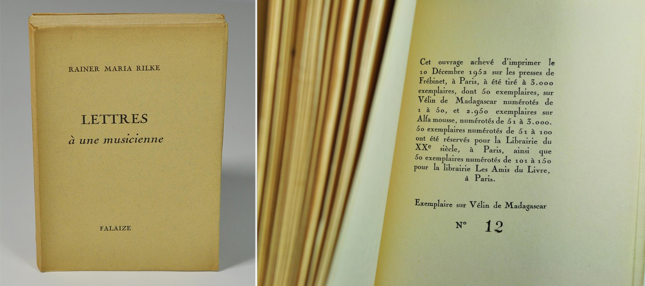 RILKE Rainer Maria Lettres à une musicienne Falaize, coll "Les carnets oubliés", 1952. In-12 broché, couverture rempliée, 124 p. Edition originale de la traduction. L