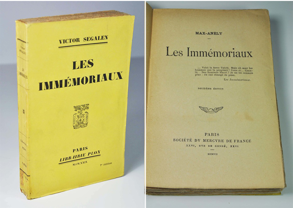SEGALEN Victor (MAX-ANELY) Les immémoriaux Plon (Mercure de France), 1929 (1907). In-12 broché, 345 p. En partie non découronné, déchirures et léger manque en queue de dos, ancienne étiquette à-demi arrachée, second plat fendillé en marge et corné au coin inférieur, intérieur frais. Exemplaire du premier tirage, sous couverture de relais de Plon. Achevé d