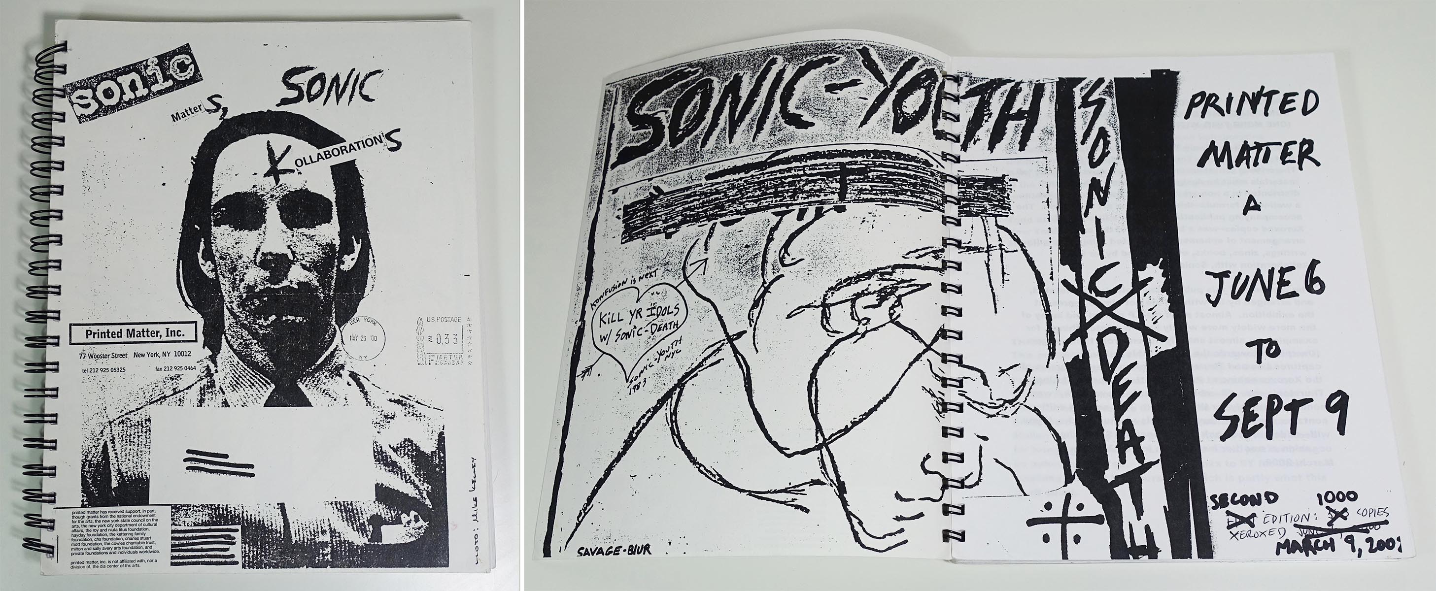 (SONIC YOUTH) Todd Alden - Thurston Moore - Lee Ranaldo - Kim Gordon - Steve Shelley - Raymond Pettibon et al. Sonic Matters, Sonic Kollaborations Printed Matter, 2002. Reliure à spirale, couverture illustrée, 280 X 220 mm, non paginé. Premier tirage de la seconde édition, limitée à 1000 exemplaires,