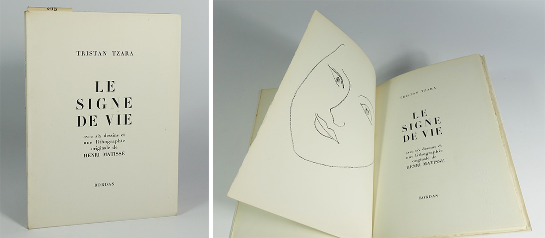 Tristan Tzara, "Le signe de vie", Bordas, 1946. Ex. num. sur vélin à la forme des Papeteries de Rives. Avec 6 dessins et une lithographie originale de Henri Matisse